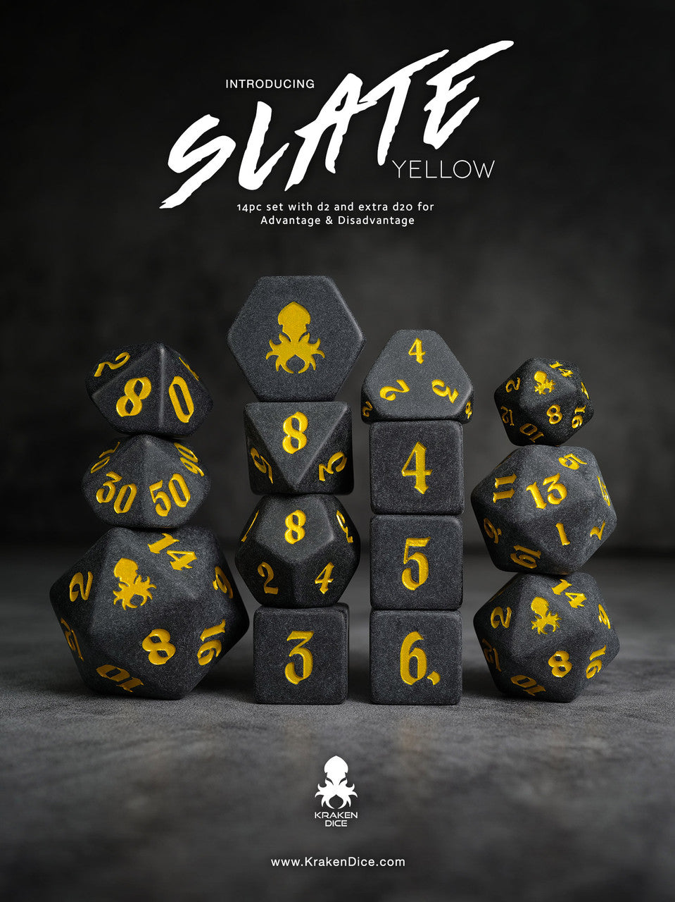 Slate: Yellow 14pc TTRPG Yellow Ink Matte Dice Set